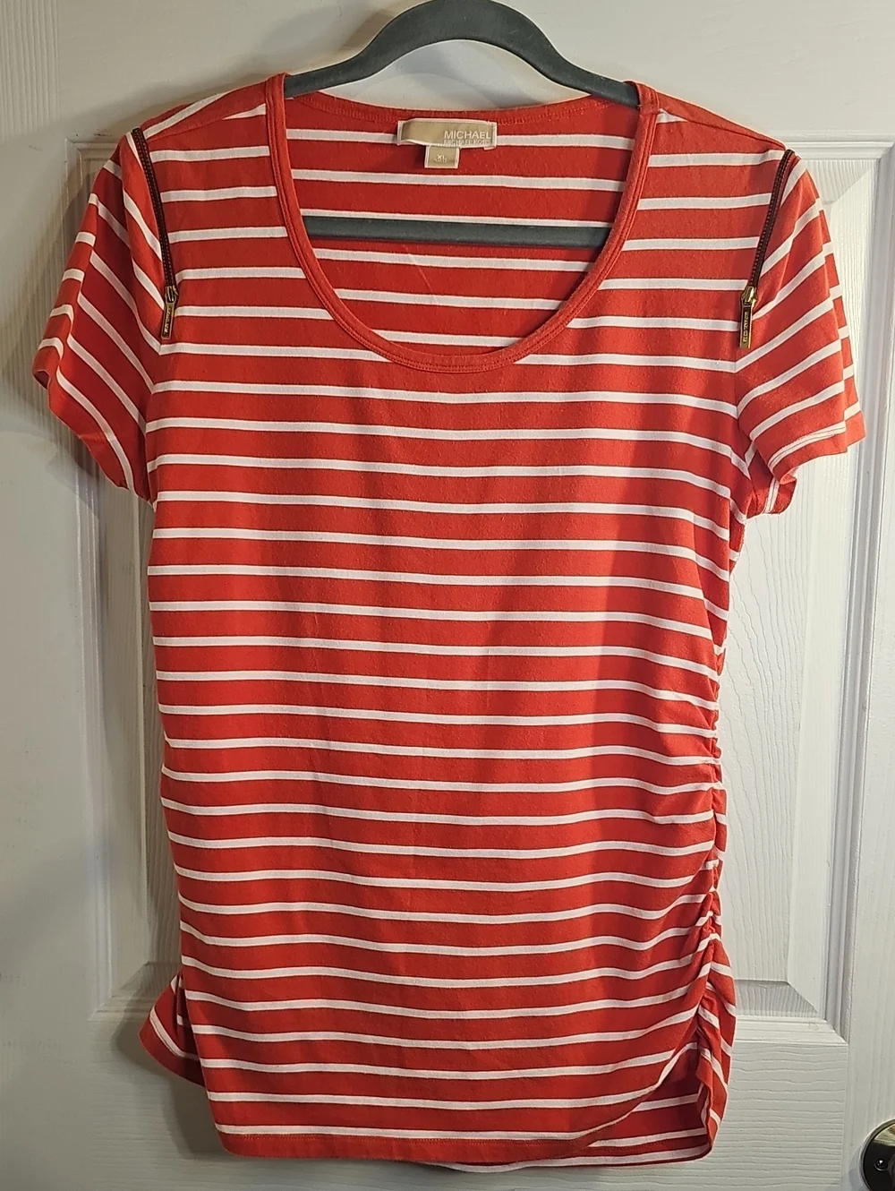 Michael Kors Orange & White Striped Short-Sleeve Scoop Neck Tee with Side Ruche